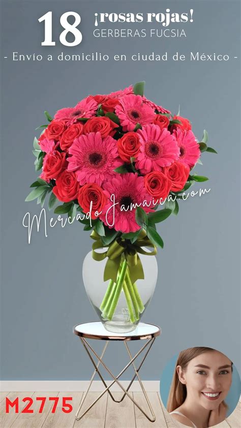 18 Rosas Rojas Con Gerberas Fucsia Florerias Mercado De Jamaica