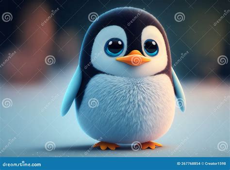 Cute Baby Penguin In Cartoon Style With Big Eyes On The Snow Stylized