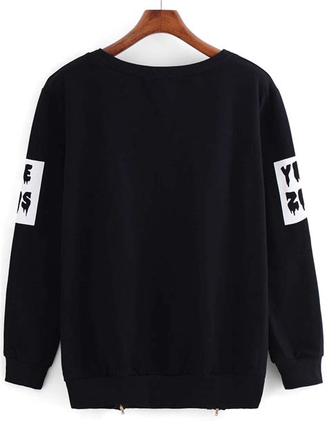 Black Round Neck Letters Print Zipper Sweatshirt Shein Sheinside