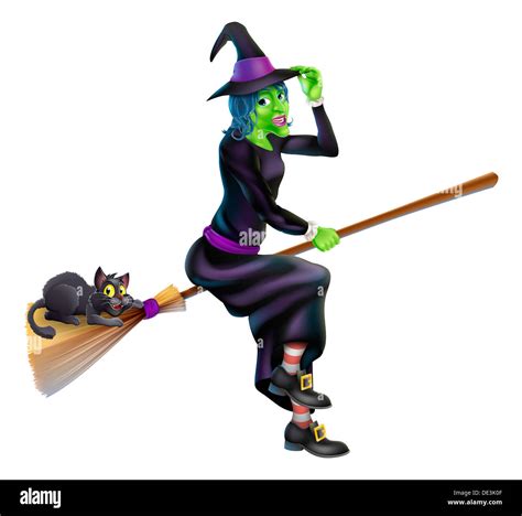 A Friendly Cartoon Halloween Witch Flying On Her Broom Stick With Her