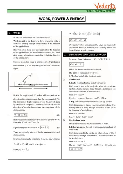 Class 11 Physics Revision Notes For Chapter 6 Work Energy And Power