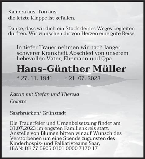 Traueranzeigen von Hans Günther Müller Saarbruecker Zeitung Trauer de