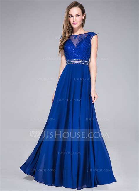 A Line Princess Scoop Neck Floor Length Chiffon Prom Dresses With