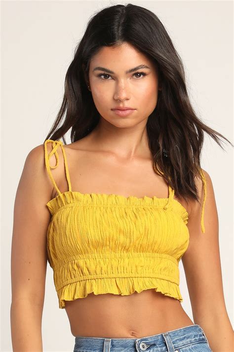 Mustard Yellow Cami Top Tie Strap Cami Cropped Pleated Top Lulus