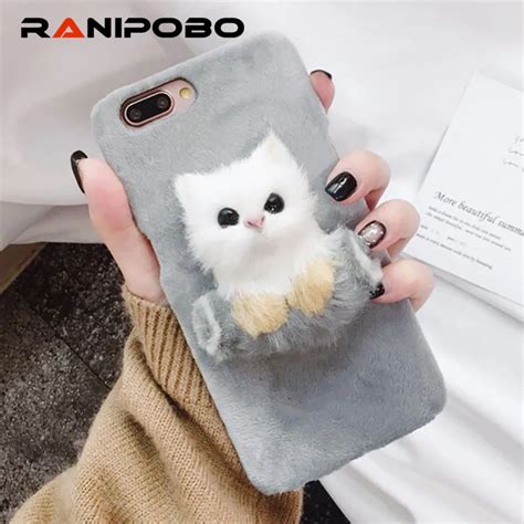 Lovely Diy Cat Furry Warm Phone Cases For Iphone 6 6s Plus 7 7plus 8plus Hard Pc Plush Hair Fur