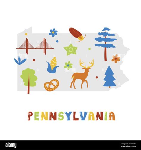 Usa Map Collection State Symbols And Nature On Gray State Silhouette