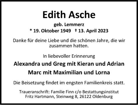 Traueranzeigen Von Edith Asche Nordwest Trauer De