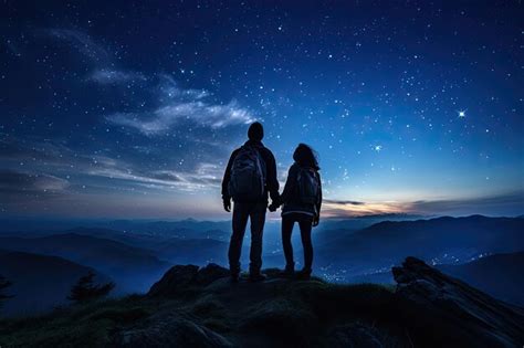 Silhueta de um casal de pé no topo de uma montanha e olhando para o céu