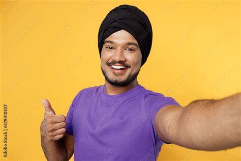 Close Up Fun Devotee Sikh Indian Man Ties His Traditional Turban Dastar Wear Purple T Shirt Do