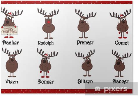 Poster Santas Cartoon Reindeers With Names Pixersca