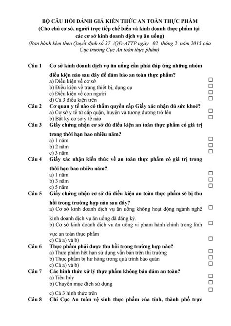 BỘ CÂU HỎI ĐÁNH GIÁ KIẾN THỨC ATTP BỘ CÂU HỎI ĐÁNH GIÁ KIẾN THỨC AN