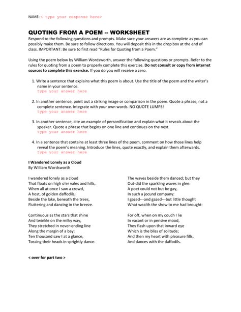 Poetry Worksheet Quoting