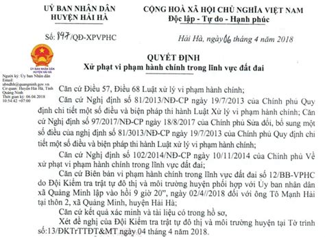 Mẫu Quyết định Xử Phạt Vi Phạm Hành Chính Trong Lĩnh Vực đất đai