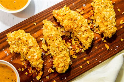 Potato Chip Crusted Chicken Fingers With Honey Mustard Bbq Dipping Sauce Never Not Hungry