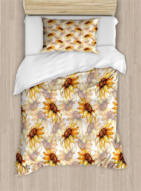 Yellow Flower Twin Size Duvet Cover Set Watercolor Style Sunflowers