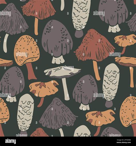 Vector Seamless Pattern With Various Mushrooms On Dark Background Grey