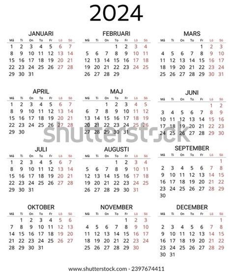 2024 Swedish Calendar Printable Editable Vector Stock Vector Royalty