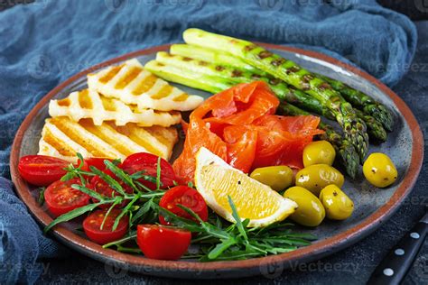 Salad With Asparagus Grilled Halloumi Cheese Salmon Fillet Tomatoes