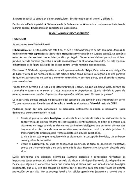 Tema Penal Especial La Parte Especial Se Centra En Delitos