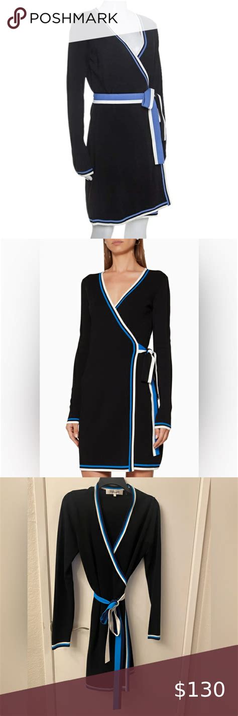 Dvf Knit Wrap Dress Medium Black With Multi Color Striped Belt And