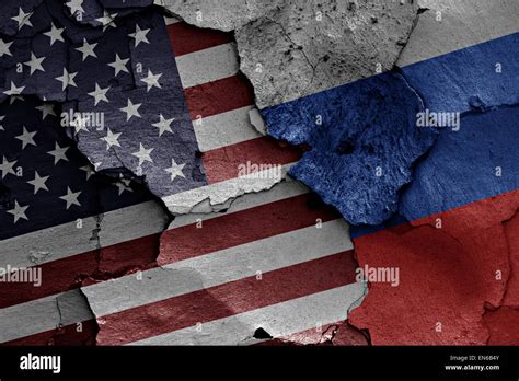 Flags Of USA And Russia Painted On Cracked Wall Stock Photo Alamy