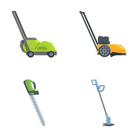 Premium Vector Lawnmower Icons Set Cartoon Vector Electric Lawn Mower