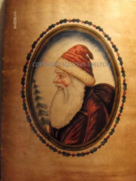 An Old Painting Of Santa Claus In A Round Frame On A Wooden Paneled Wall