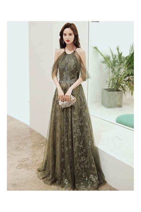 All Sequin Lace Halter Green Long Prom Dress With Cold Shoulder 117