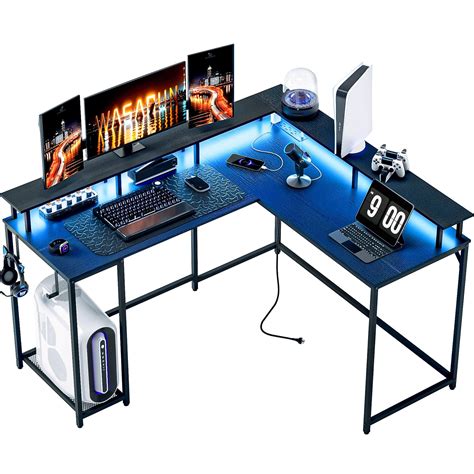 L Shaped Gaming Desk with LED Lights & Power Outlets, Computer Desk ...