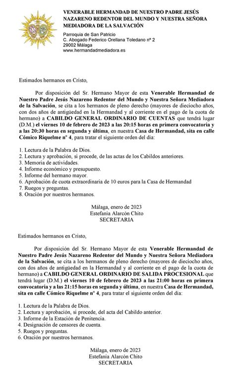 Hdad De La Mediadora On Twitter Convocatorias A Cabildo General