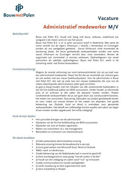 Vacature Administratief Medewerker Mv Bouw Met Polen