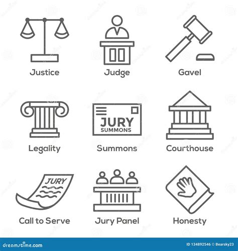 Law And Legal Icon Set With Judge Jury And Judicial Icons Stock