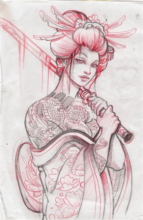 Geisha13 Sketch By Mojoncio On DeviantArt Geisha Tattoo Design