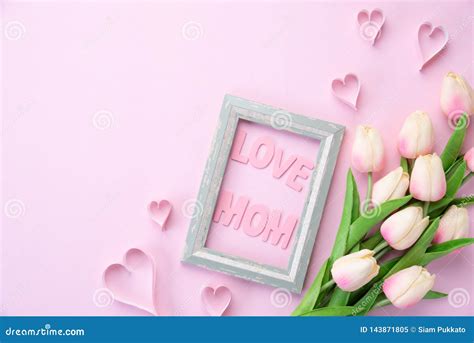 Happy Mothers Day Concept Pink Tulip Flower With Paper Heart And