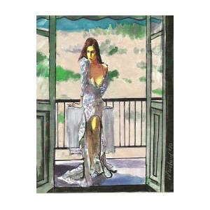 Woman In Blue Print Dress On Balcony Painting By Harry Weisburd Fine