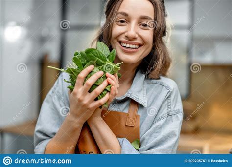 Woman With Fresh Spinach On The Kitchen Stock Image Image Of Natural