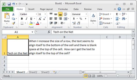 MS Excel 2010 Align Text To The Top Of The Cell