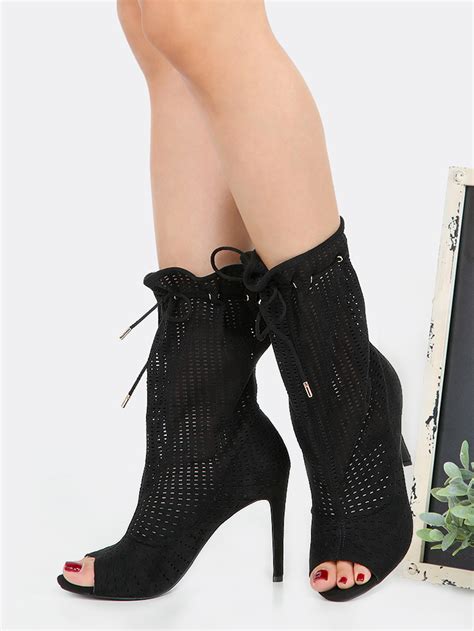 Peep Toe Drawstring Stiletto Ankle Boots Black Shein Sheinside