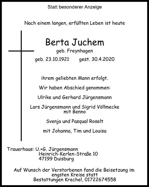 Traueranzeigen Von Berta Juchem Trauer In Nrw De