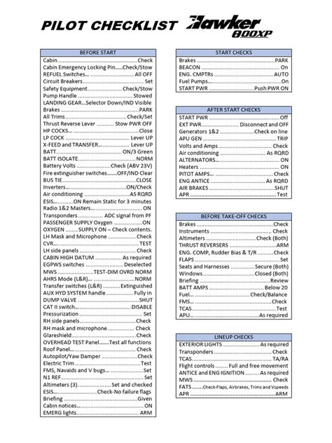 Pilot Checklist Hawker800XP | PDF | Landing Gear | Aviation