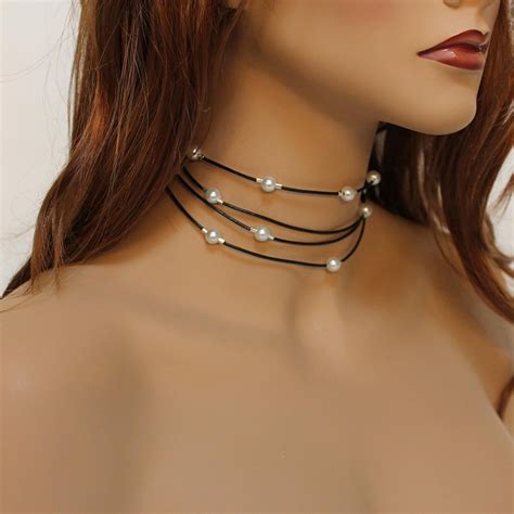 Multi Strand Black Leather Pearl Choker Necklace Jewelshart Inc