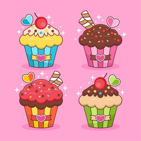 Conjunto de ilustración de dibujos animados de cupcake Vector Premium