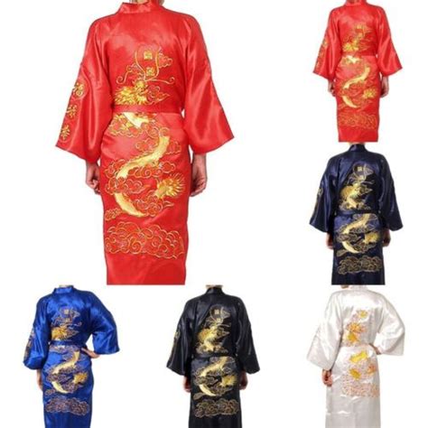 Mens Satin Chinese Dragon Kimono Silk Bathrobe Pajamas Sleepwear Gown