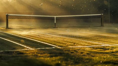 Golden Hour On An Empty Tennis Court With Sun Flares Stock Image