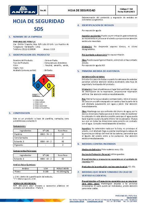 CERA EN Pasta Anypsa HOJA DE DATOS DE SEGURIDAD Ver 5 HOJA DE