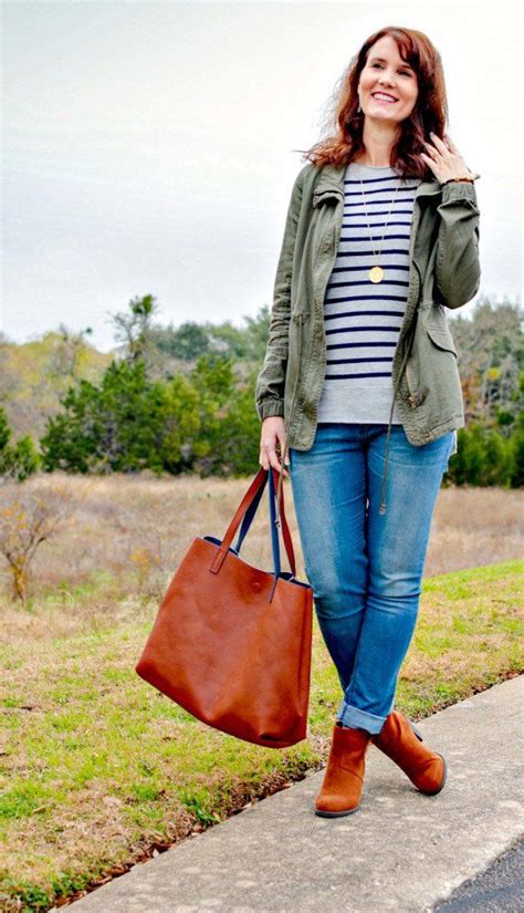 Stitch Fix Outfit Striped Sweater Olive Military Style Jacket Light