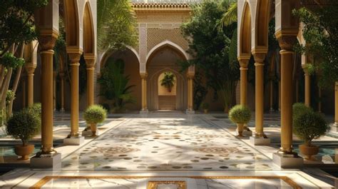 Premium Photo Mosque Courtyard With Ornate Arches And Marble Flooring