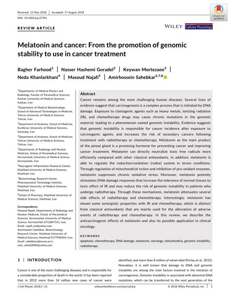 Pdf Melatonin And Cancer From The Promotion Of Genomic Stability To