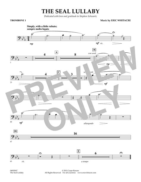 The Seal Lullaby Trombone By Eric Whitacre Sheet Music For Concert