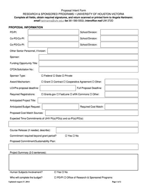 Fillable Online Uhv Proposal Intent Form RESEARCH SPONSORED PROGRAMS